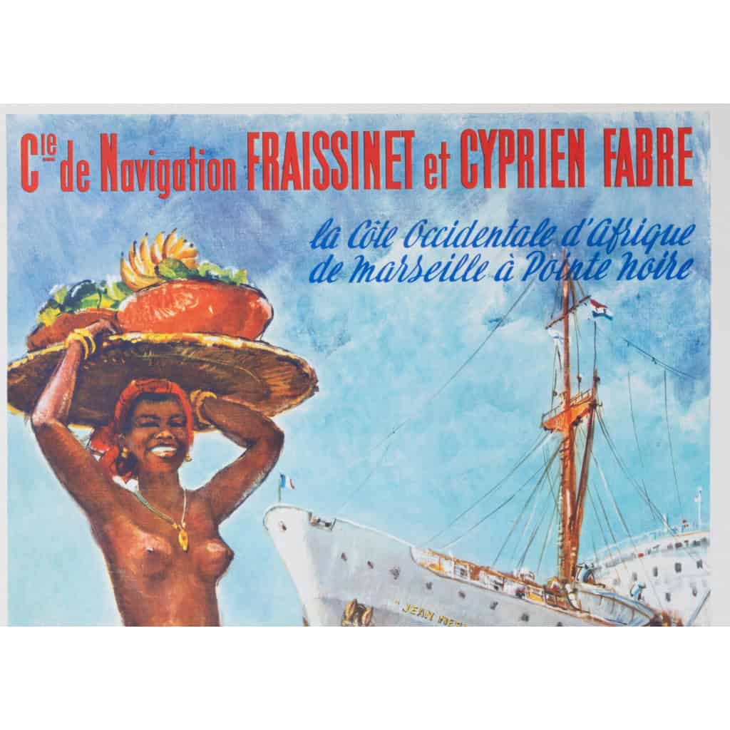 Affiche Tourisme Originale, Maurice Fiévet, Compagnie de Navigation Fraissinet et Cyprien Fabre, Transport, Voyage, Croisière, Afrique Occidentale, Marseille, Pointe Noire, Navire, Bateau, Paquebot, c.1960 4