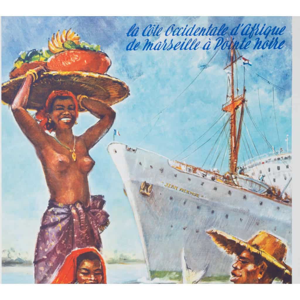 Affiche Tourisme Originale, Maurice Fiévet, Compagnie de Navigation Fraissinet et Cyprien Fabre, Transport, Voyage, Croisière, Afrique Occidentale, Marseille, Pointe Noire, Navire, Bateau, Paquebot, c.1960 5