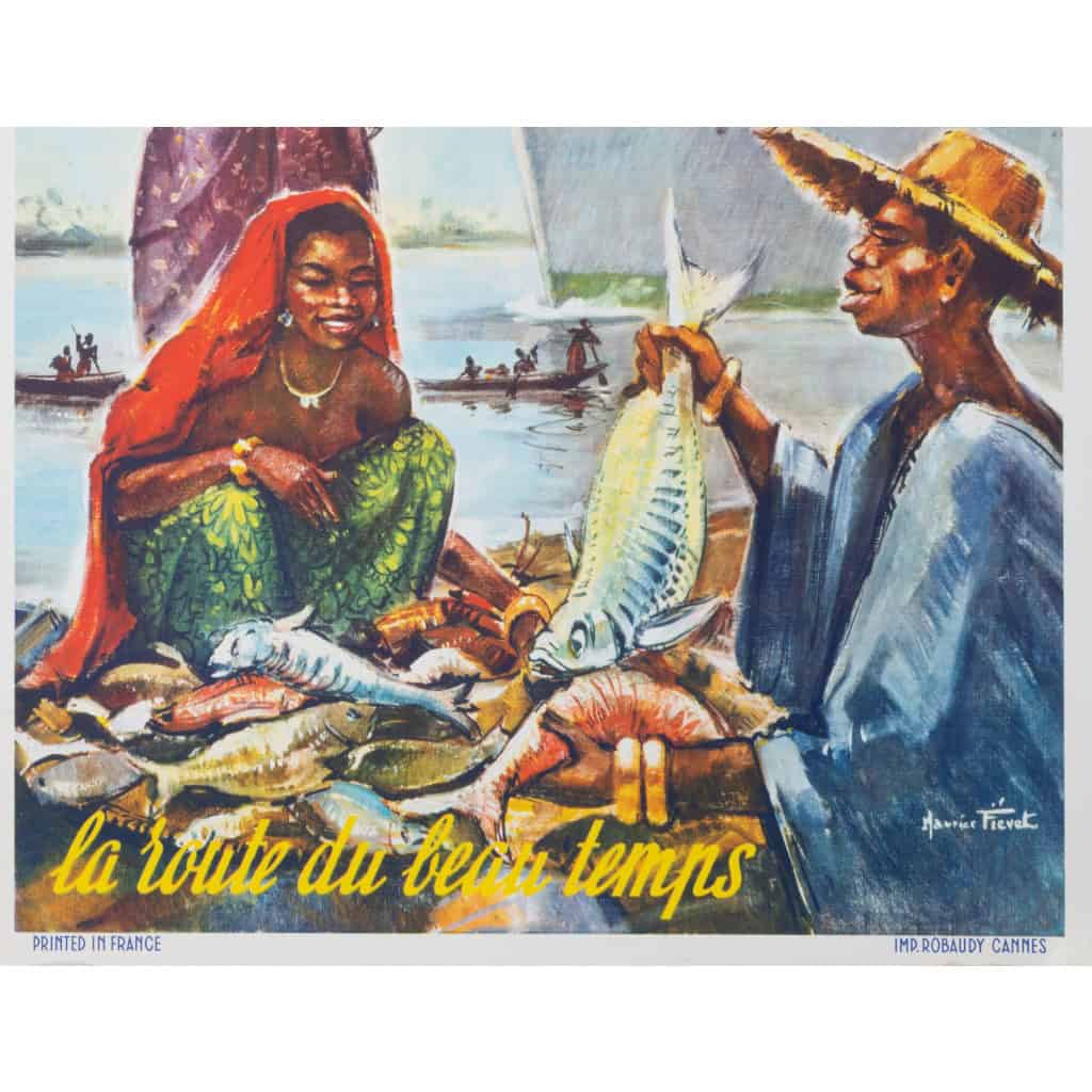 Affiche Tourisme Originale, Maurice Fiévet, Compagnie de Navigation Fraissinet et Cyprien Fabre, Transport, Voyage, Croisière, Afrique Occidentale, Marseille, Pointe Noire, Navire, Bateau, Paquebot, c.1960 6