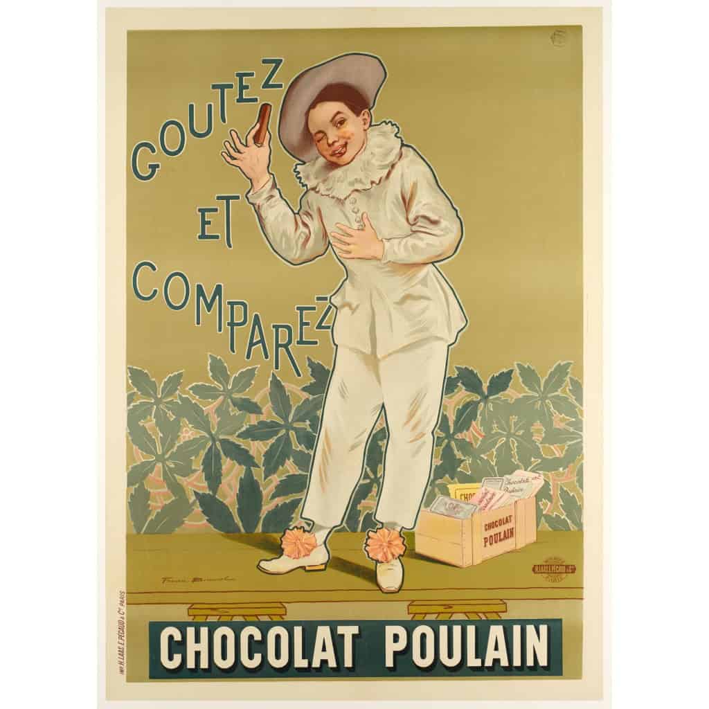 Affiche Originale, Art Nouveau, Firmin Bouisset, Chocolat Poulain, Goûtez et Comparez, Chocolaterie, Cacao, Confiserie, Tablette, Biscuit, Gâteau, Pâtisserie, Alimentation, Nourriture, Cuisine, Pierrot, c.1898 3