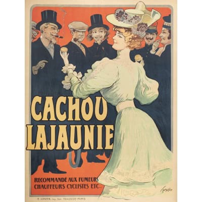 Affiche Originale, Francisco Tamagno, Cachou Lajaunie, Confiserie, Pastille, Bonbon, Réglisse, Menthe, Hygiène, Haleine, Fumeur, Femme, Gentleman, Chapeau, Boîte, c.1900