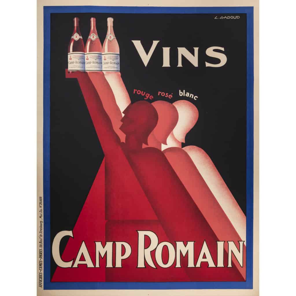 Affiche Originale, Claude Gadoud, Vins Camp Romain, Alcool, Côtes du Rhône, Vin Rouge, Vin Rosé, Vin Blanc, Vignoble, Vigne, Bouteille, Boisson, 1930 3