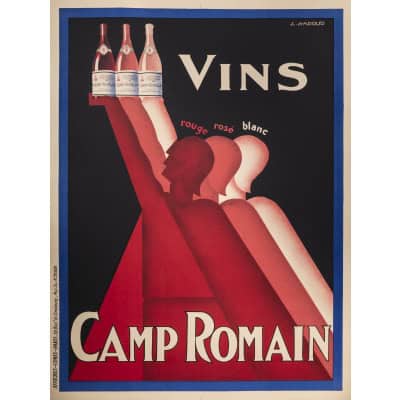 Affiche Originale, Claude Gadoud, Vins Camp Romain, Alcool, Côtes du Rhône, Vin Rouge, Vin Rosé, Vin Blanc, Vignoble, Vigne, Bouteille, Boisson, 1930