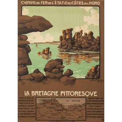 Affiche Tourisme Originale, Géo Dorival, Chemins de Fer, Transport, Voyage, Bretagne Pittoresque, Côtes du Nord, Trains, 1909