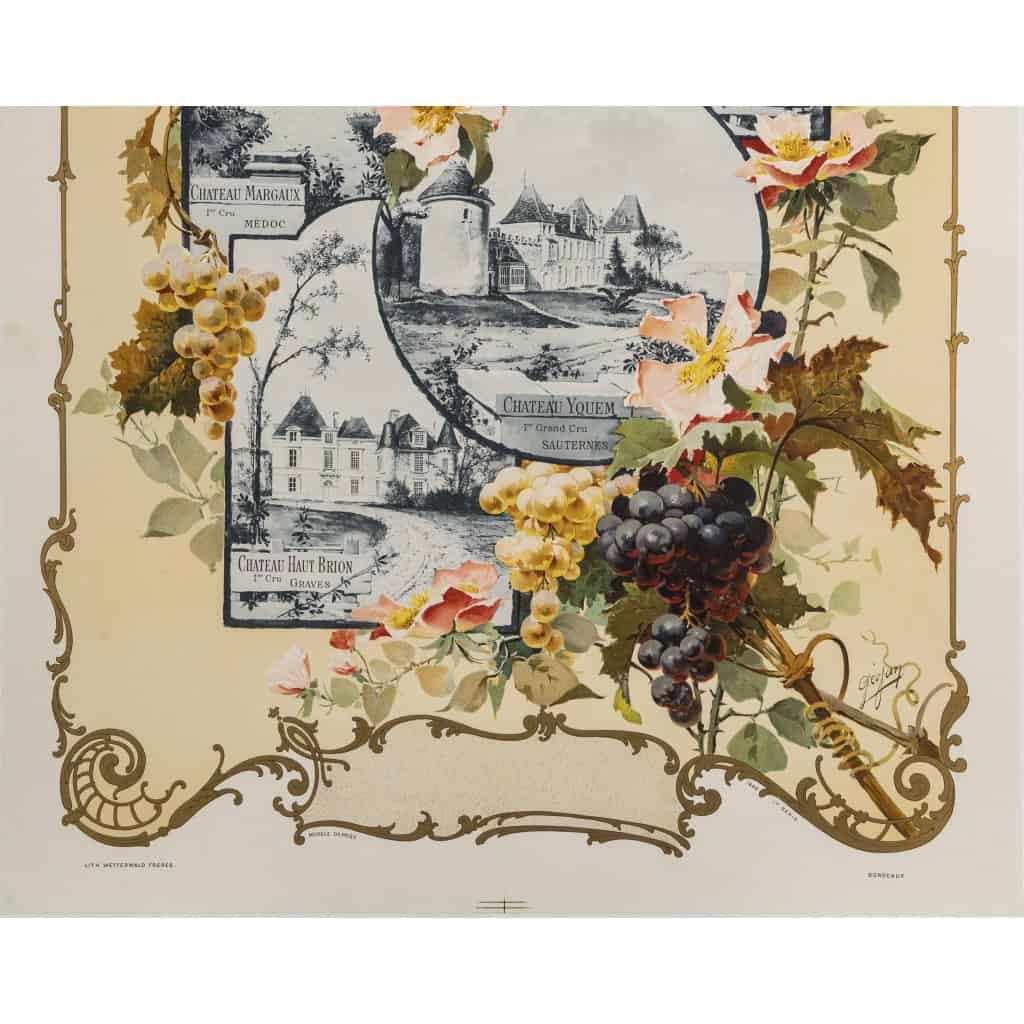 Affiche Originale, Art Nouveau, Géojan, Les Grands Crus du Bordelais, Alcool, Boisson, Bouteille, Vin, Vignoble, Vigne, Viticulteur, Raisin, Cépage, Bordeaux, Château Margaux, Château Lafite, Château Yquem, Château Haut Brion, Fleurs, 1899 5