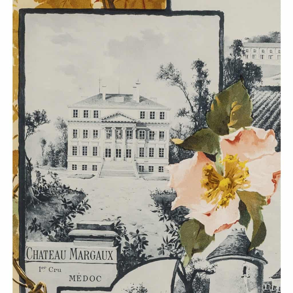 Affiche Originale, Art Nouveau, Géojan, Les Grands Crus du Bordelais, Alcool, Boisson, Bouteille, Vin, Vignoble, Vigne, Viticulteur, Raisin, Cépage, Bordeaux, Château Margaux, Château Lafite, Château Yquem, Château Haut Brion, Fleurs, 1899 9