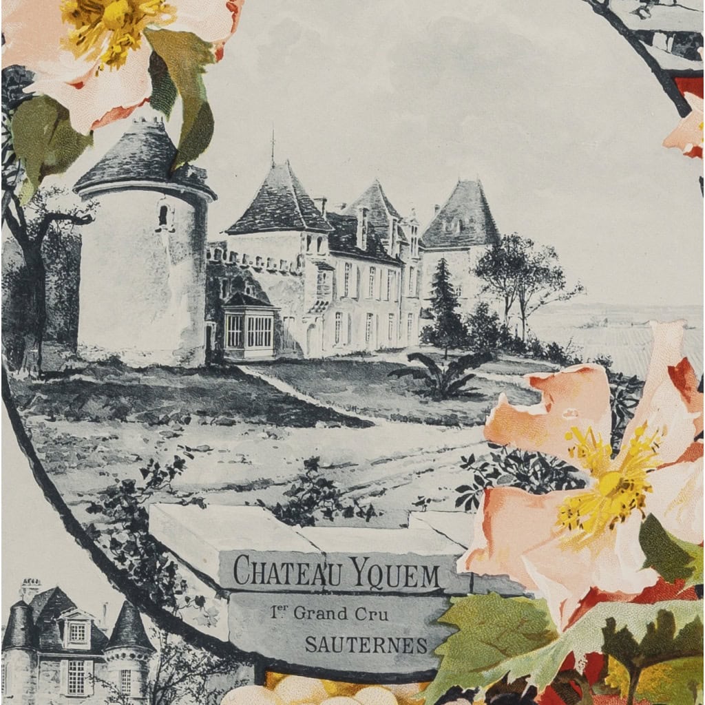 Affiche Originale, Art Nouveau, Géojan, Les Grands Crus du Bordelais, Alcool, Boisson, Bouteille, Vin, Vignoble, Vigne, Viticulteur, Raisin, Cépage, Bordeaux, Château Margaux, Château Lafite, Château Yquem, Château Haut Brion, Fleurs, 1899 10