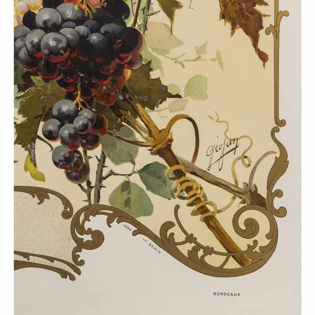 Affiche Originale, Art Nouveau, Géojan, Les Grands Crus du Bordelais, Alcool, Boisson, Bouteille, Vin, Vignoble, Vigne, Viticulteur, Raisin, Cépage, Bordeaux, Château Margaux, Château Lafite, Château Yquem, Château Haut Brion, Fleurs, 1899 11