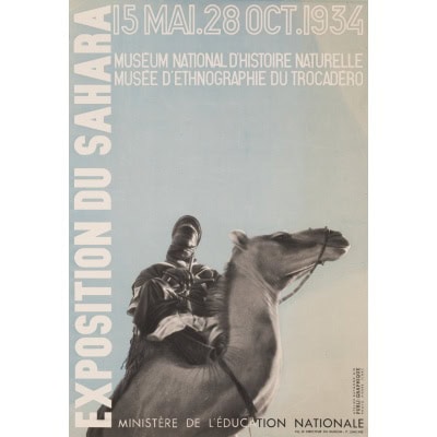 Affiche Originale, Raymond Gid, Exposition du Sahara, Musée d’Histoire Naturelle, Musée d’Ethnographie, Trocadéro, Paris, Bédouin, Touareg, Chameau, 1934