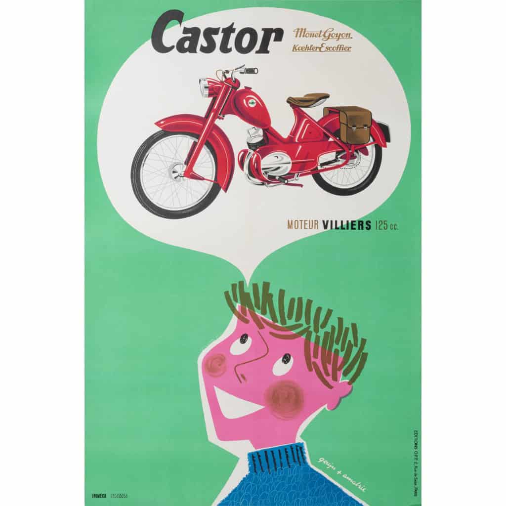 Affiche Originale, Gouju et Amalric, Castor, Vélomoteurs, Motos, Motocycle, Mobylette, Bécane, Deux Roues, Moteur, Motard, Biker, Pilote, Rêve, 1956 3