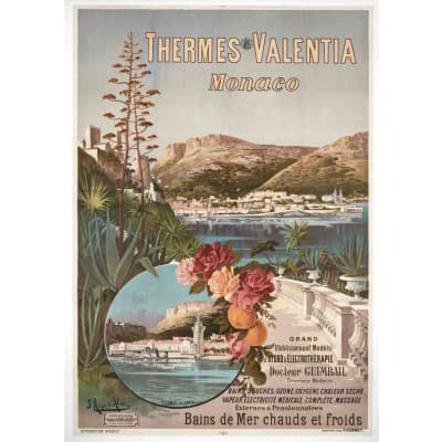 Affiche Tourisme Originale, Hugo d’Alési, Thermes Valentia, Monaco, Chemins de Fer, Transport, Voyage, Trains, La Condamine, Eau Thermale, Eau de Source, Bain Thermal, Bain de Mer, c.1896