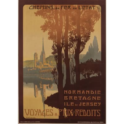 Affiche Tourisme Originale, Julien Lacaze, Chemins de Fer, Transport, Voyage, Normandie, Bretagne, Ile de Jersey, Trains, c.1910