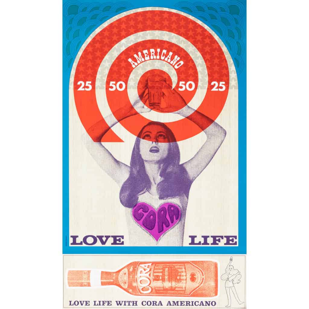 Affiche Originale, Michel Lecourt, Cora Americano, Love Life, Alcool, Boisson, Aperitif, Cocktail, Bouteille, Verre, Psychédélique, Femme, Coeur, Cible, c.1960 3