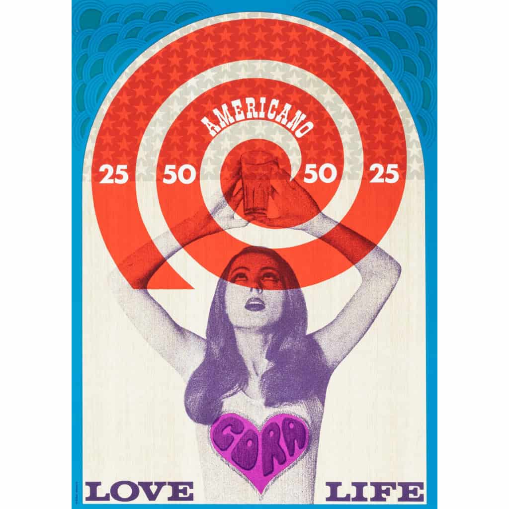 Affiche Originale, Michel Lecourt, Cora Americano, Love Life, Alcool, Boisson, Aperitif, Cocktail, Bouteille, Verre, Psychédélique, Femme, Coeur, Cible, c.1960 4