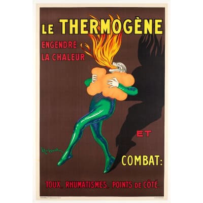 Affiche Originale, Leonetto Cappiello, Le Thermogène, Rhume, Toux, Rhumatismes, Flammes, Cracheur de Feu, Chaleur, Remède, Maladie, 1940