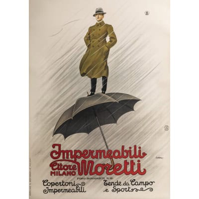 Affiche Originale, Leopoldo Metlicovitz, Impermeabili Moretti, Mode, Textile, Tissu, Veste, Couture, Homme, Gentleman, Imperméable, Parapluie, Pluie, Chapeau, c.1920