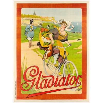 Affiche Originale, René Leverd, Gladiator, Cycles, Cyclisme, Cycliste, Bicyclette, Vélo, Deux Roues, Coureur, Bretagne, Lapin, Chat Noir, Course, 1910