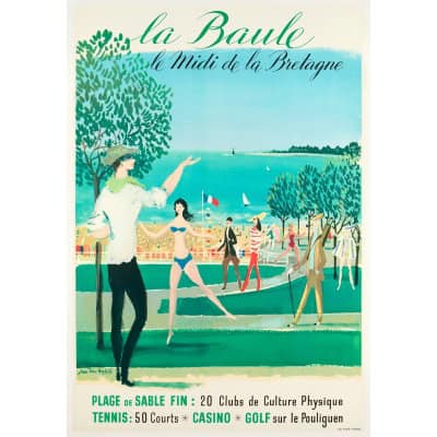 Affiche Originale, Jean-Denis Maclès, La Baule, Bretagne, Tourisme, Voyage, Casino, Golf, Tennis, Plage, Sable, Mer, Voilier, Station Balnéaire, c.1959