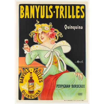 Affiche Originale, Art Nouveau, Marcellin Auzolle, Banyuls Trilles, Quinquina, Apéritif, Distillerie, Alcool, Boisson, Bouteille, Verre, Spiritueux, Vin, Eau de Vie, Quinine, Perpignan, Bordeaux, c.1910