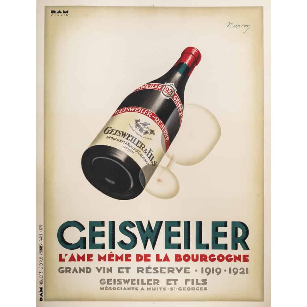 Affiche Originale, Lajos Marton, Geisweiler, Alcool, Vin, Mousseux, Vignoble, Vigne, Bourgogne, Bouteille, Verre, Boisson, c.1925 3