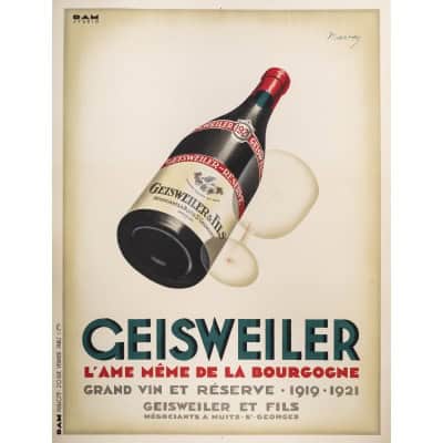 Affiche Originale, Lajos Marton, Geisweiler, Alcool, Vin, Mousseux, Vignoble, Vigne, Bourgogne, Bouteille, Verre, Boisson, c.1925