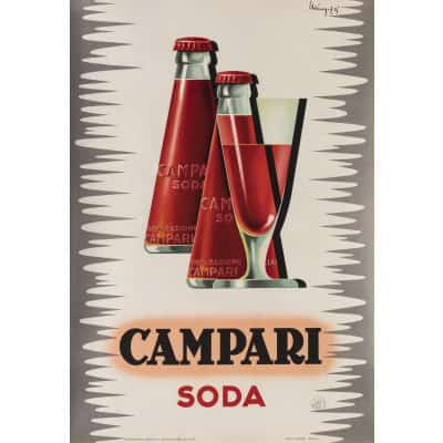 Affiche Originale, Giovanni Mingozzi, Campari Soda, Alcool, Liqueur, Apéritif, Bouteille, Boisson, Amaro, Orange, Italie, Milan, c.1950