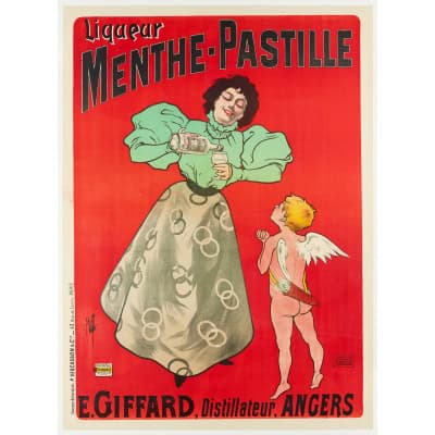 Affiche Originale, Misti, Ferdinand Mifliez, Liqueur Menthe-Pastille, Distillerie, Giffard, Angers, Alcool, Apéritif, Boisson, Spiritueux, Eau de Vie, Ange, Chérubin, Carquois, 1895