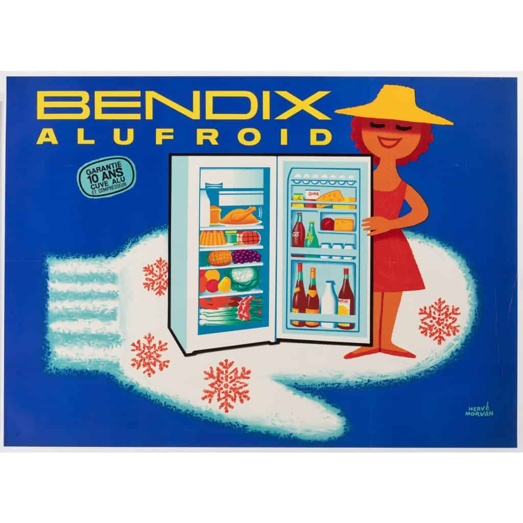 Affiche Originale, Hervé Morvan, Bendix, Alufroid, Électroménager, Réfrigérateur, Frigidaire, Frigo, Froid, Fruits, Légumes, Bouteille, Gant, Glace, Neige, Flocons, c.1960 3