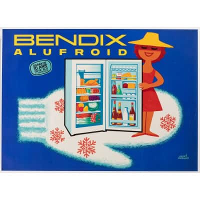 Affiche Originale, Hervé Morvan, Bendix, Alufroid, Électroménager, Réfrigérateur, Frigidaire, Frigo, Froid, Fruits, Légumes, Bouteille, Gant, Glace, Neige, Flocons, c.1960