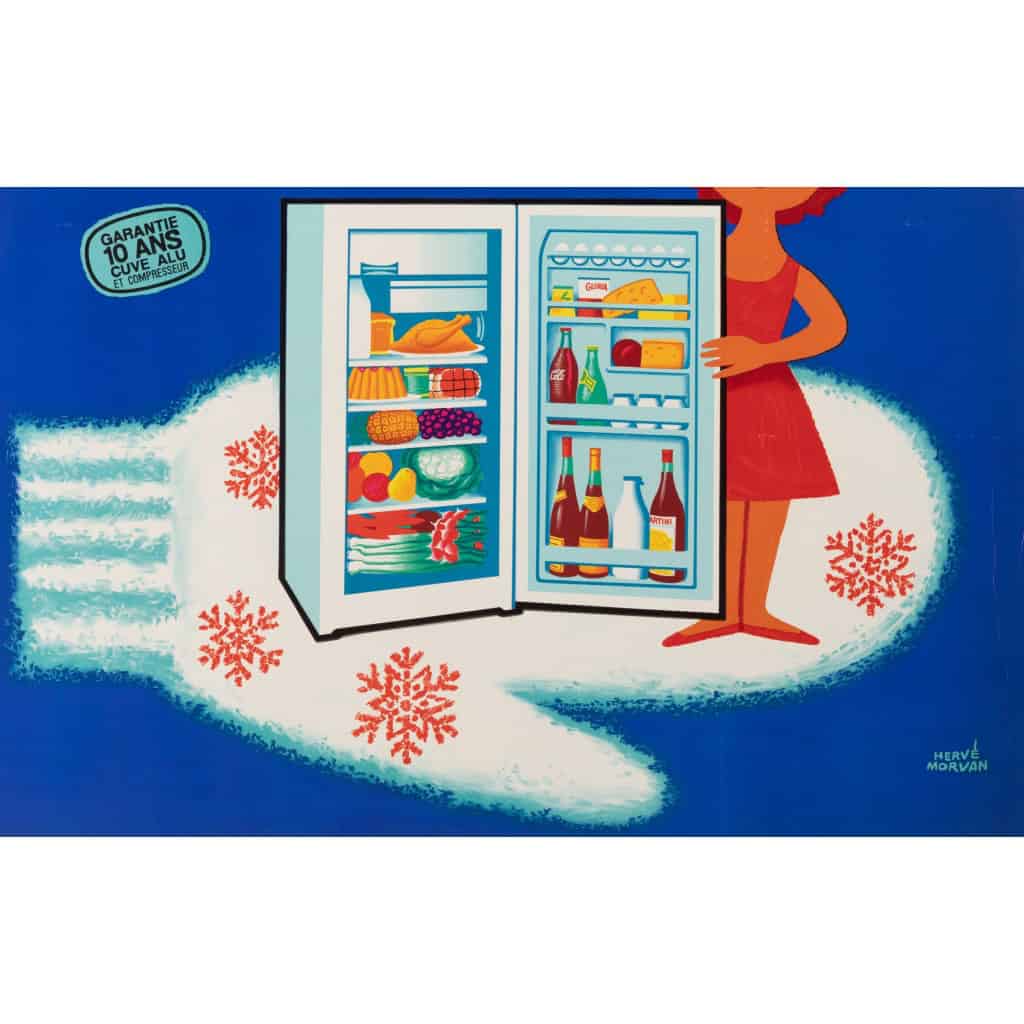 Affiche Originale, Hervé Morvan, Bendix, Alufroid, Électroménager, Réfrigérateur, Frigidaire, Frigo, Froid, Fruits, Légumes, Bouteille, Gant, Glace, Neige, Flocons, c.1960 5