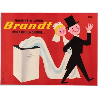 Affiche Originale, Hervé Morvan, Brandt, Machine à Laver, Couple, Marriage, Robe Blanche, Smoking, Électroménager, Laverie, Linge, Lessive, c.1955