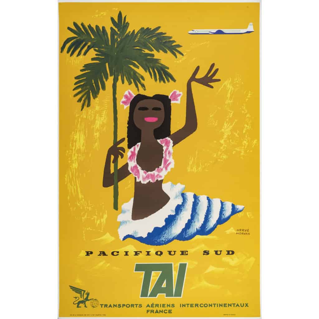 Affiche Tourisme Originale, Hervé Morvan, Transport, Voyage, Aviation, Pacifique Sud, TAI, Polynésie, Avion, Palmier, Coquillage, c.1955 3