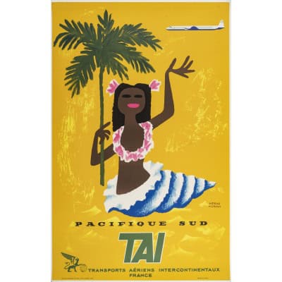 Affiche Tourisme Originale, Hervé Morvan, Transport, Voyage, Aviation, Pacifique Sud, TAI, Polynésie, Avion, Palmier, Coquillage, c.1955