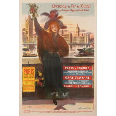 Affiche Tourisme Originale, Arsène Naulez, Chemins de Fer, Transport, Voyage, Paris, Londres, Brighton, Westminster, Big Ben, La Tamise, 1904