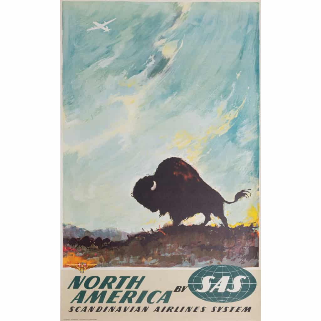 Affiche Tourisme Originale, Otto Nielsen, Amérique du Nord, SAS, Scandinavian Airlines System, Transport, Voyage, Aviation, Avion, Vol, Danemark, Bison, 1960 3