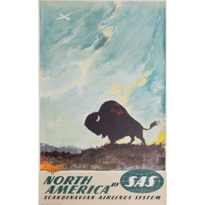 Affiche Tourisme Originale, Otto Nielsen, Amérique du Nord, SAS, Scandinavian Airlines System, Transport, Voyage, Aviation, Avion, Vol, Danemark, Bison, 1960