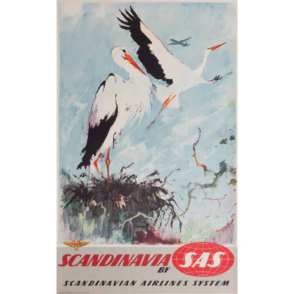 Affiche Tourisme Originale, Otto Nielsen, Scandinavie, SAS, Scandinavian Airlines System, Transport, Voyage, Aviation, Avion, Vol, Danemark, Cigogne, 1960 3