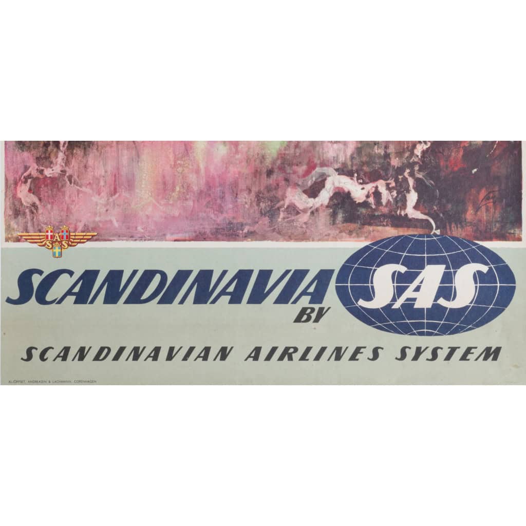 Affiche Tourisme Originale, Otto Nielsen, Scandinavie, SAS, Scandinavian Airlines System, Transport, Voyage, Aviation, Avion, Vol, Danemark, Elan, 1960 4