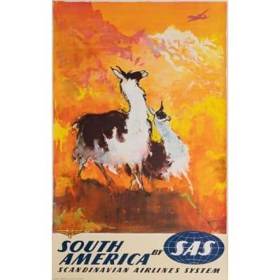 Affiche Tourisme Originale, Otto Nielsen, Amérique du Sud, SAS, Scandinavian Airlines System, Transport, Voyage, Aviation, Avion, Vol, Danemark, Lama, Montagne, 1960