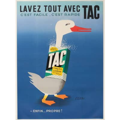 Affiche Originale, Paul Colin, TAC, Lavez Tout, Propre, Lessive, Lavage, Poudre, Savon, Mousse, Linge, Liquide, Laverie, Hygiène, Nettoyage, Canard, c.1960