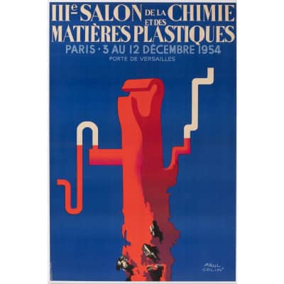 Affiche Originale, Paul Colin, Salon de la Chimie et des Matières Plastiques, Science, Physique, Scientifique, Physicien, Chimiste, Alchimie, Laboratoire, Matériels, 1954