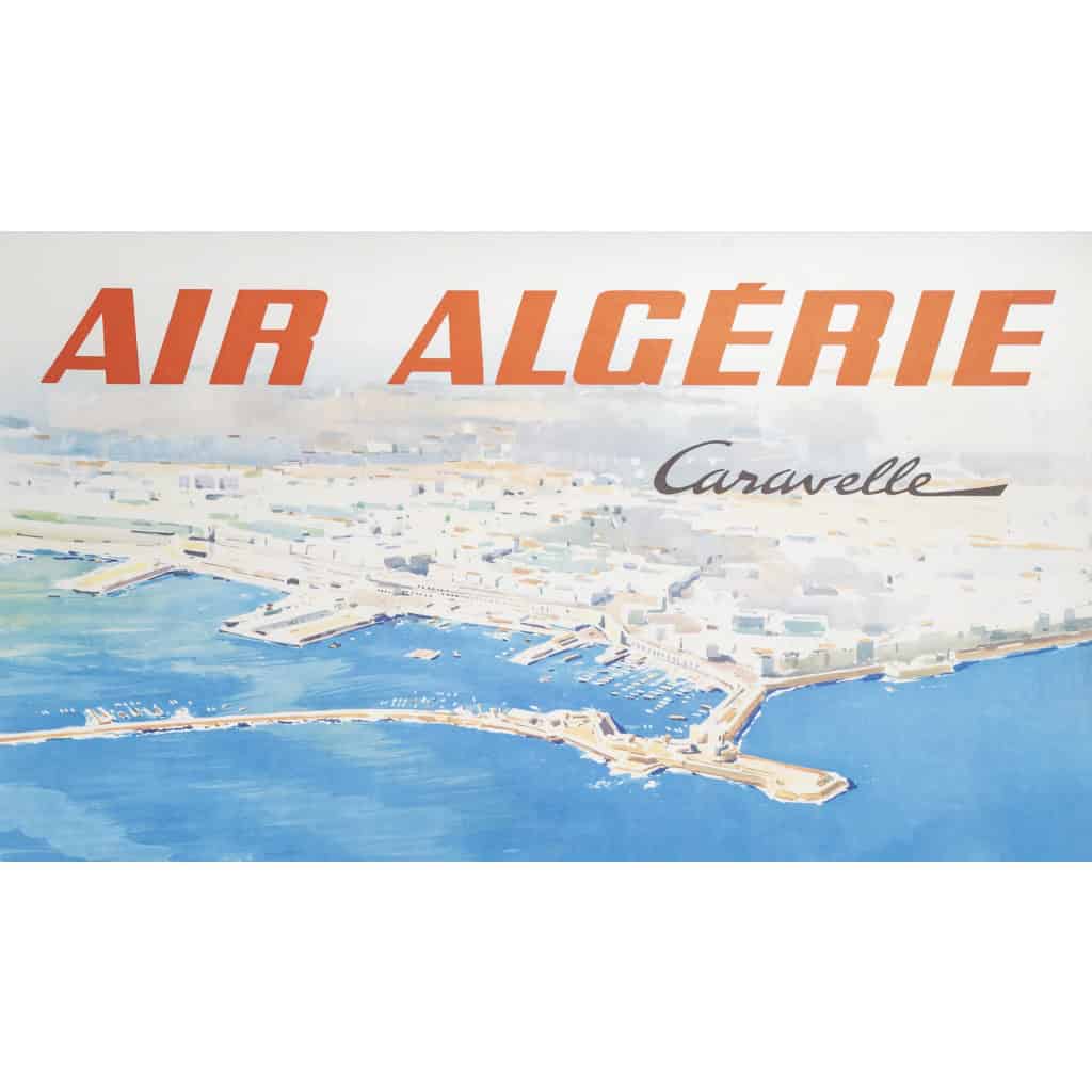 Affiche Tourisme Originale, Paul Langellé, Air Algérie, Caravelle, Transport, Voyage, Aviation, Avion, Vol, Afrique du Nord, Maghreb, Mer, c.1950 4