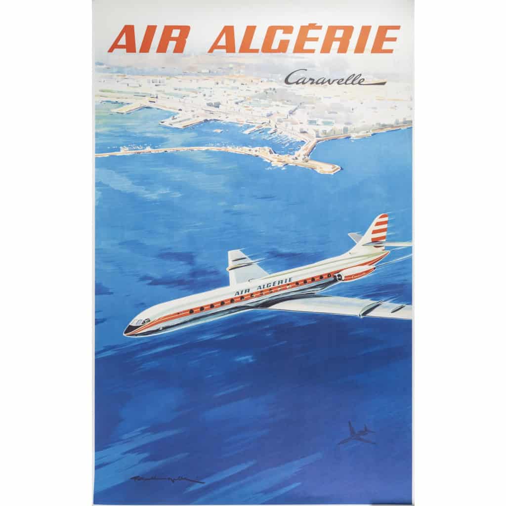 Affiche Tourisme Originale, Paul Langellé, Air Algérie, Caravelle, Transport, Voyage, Aviation, Avion, Vol, Afrique du Nord, Maghreb, Mer, c.1950 3