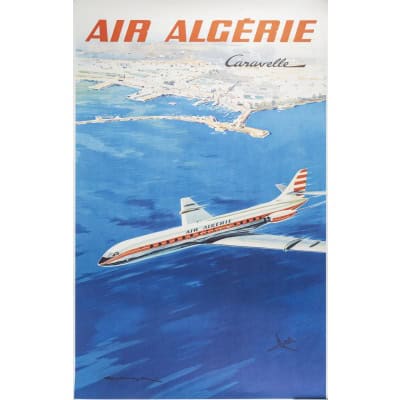 Affiche Tourisme Originale, Paul Langellé, Air Algérie, Caravelle, Transport, Voyage, Aviation, Avion, Vol, Afrique du Nord, Maghreb, Mer, c.1950