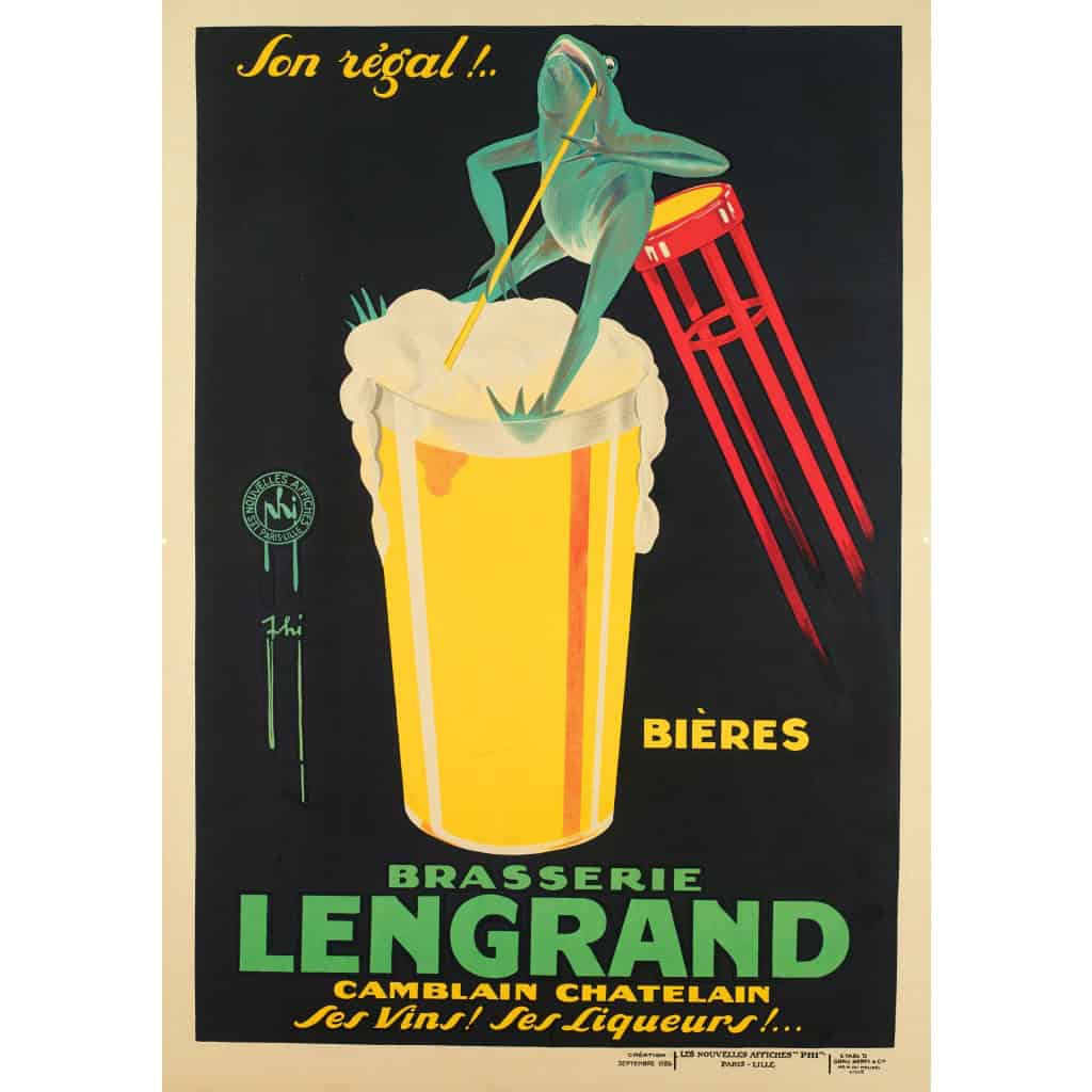 Affiche Originale, Art Déco, Phi, Paul Nerfi, Brasserie Lengrand, Brasseur, Bar, Pub, Alcool, Boisson, Bières, Vins, Liqueurs, Pinte, Malt, Mousse, Grenouille, Camblain-Châtelain, 1926 3