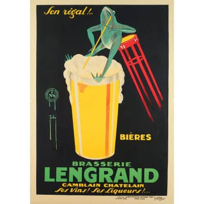 Affiche Originale, Art Déco, Phi, Paul Nerfi, Brasserie Lengrand, Brasseur, Bar, Pub, Alcool, Boisson, Bières, Vins, Liqueurs, Pinte, Malt, Mousse, Grenouille, Camblain-Châtelain, 1926