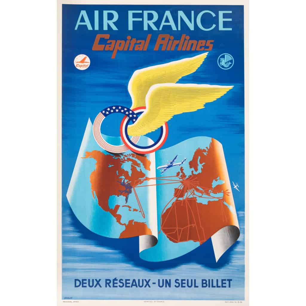 Affiche Air France Originale, Plaquet, Capital Airlines, Réseau Aérien, Carte du Monde, Transport, Voyage, Aviation, Avion, Vol, France, Etats-Unis, 1952 3