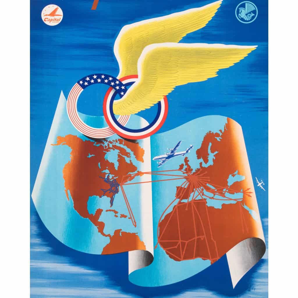 Affiche Air France Originale, Plaquet, Capital Airlines, Réseau Aérien, Carte du Monde, Transport, Voyage, Aviation, Avion, Vol, France, Etats-Unis, 1952 4