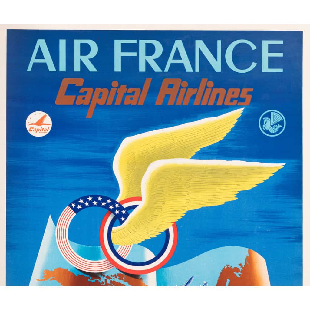 Affiche Air France Originale, Plaquet, Capital Airlines, Réseau Aérien, Carte du Monde, Transport, Voyage, Aviation, Avion, Vol, France, Etats-Unis, 1952 5