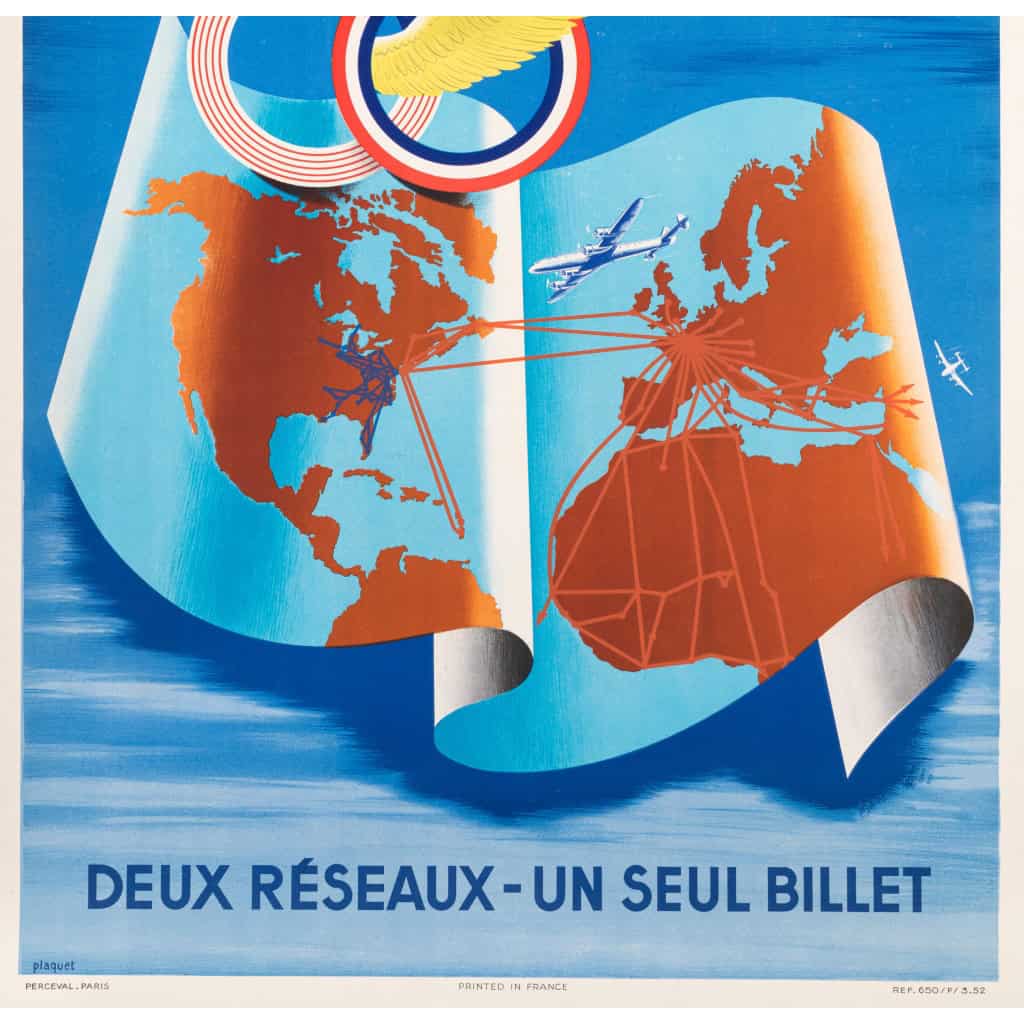 Affiche Air France Originale, Plaquet, Capital Airlines, Réseau Aérien, Carte du Monde, Transport, Voyage, Aviation, Avion, Vol, France, Etats-Unis, 1952 6